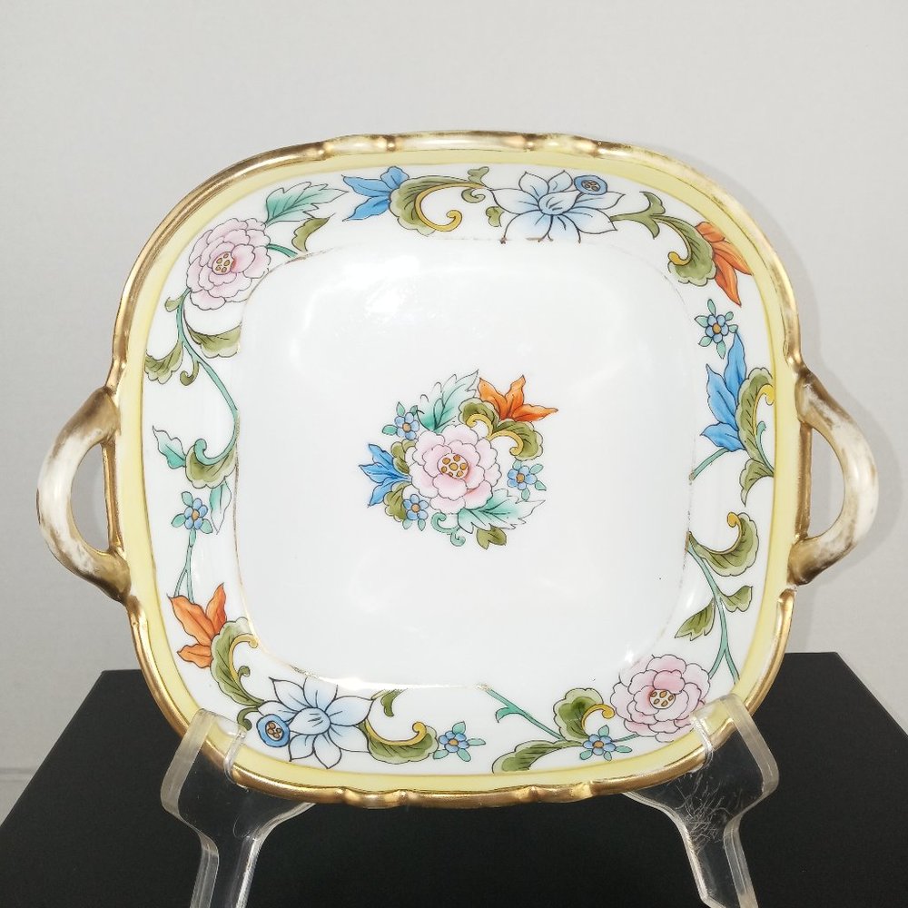 Hand Painted Nippon 2 Handle Candy Dish Pink Flowers Imported by Morimura Bros.